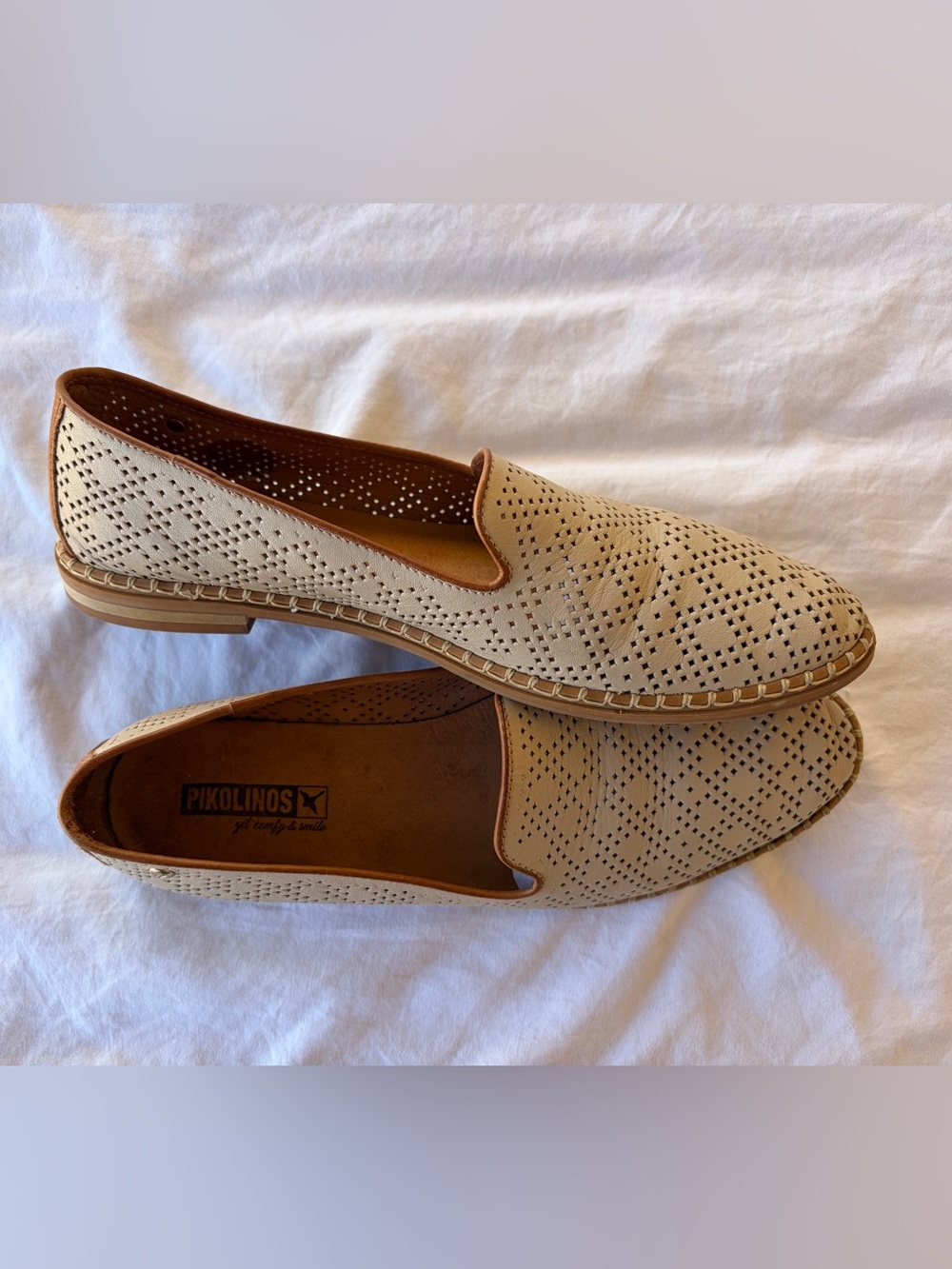 PIKOLINOS Beige Perforated Leather Slip-On Loafers